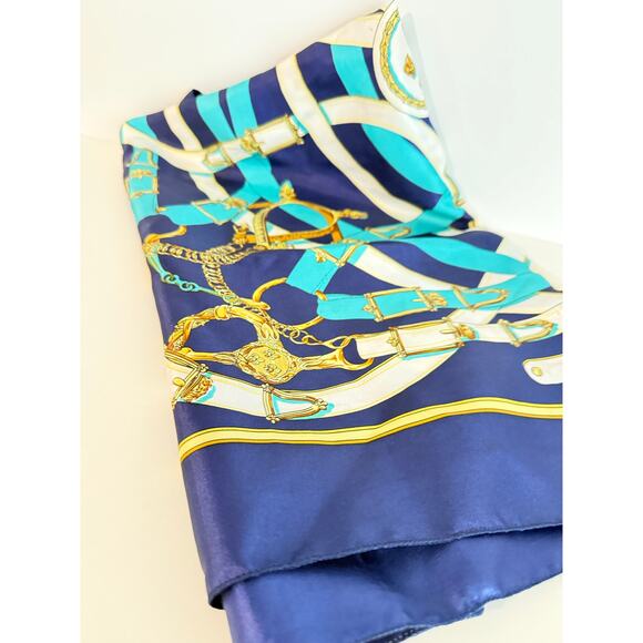 Vintage Equestrian Horse Harness Square Scarf 33" Gold Blue Teal White - Picture 5 of 5